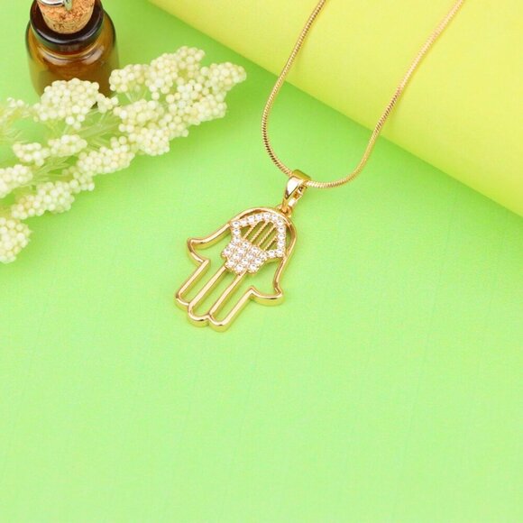 "Rose Gold Hamsa Hand Pendant with Sparkling Stone Detailing, XPPT1231 - Picture 3 of 13